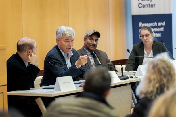 Whitehouse joined scientists Michael Mann and Joseph Francisco in a panel on political dark money moderated by Kathleen Morrison. (From left to right: Michael Mann, Sheldon Whitehouse, Joseph Francisco, and Kathleen Morrison)