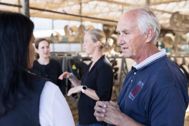 Four scientists speak in a dairy cow facility